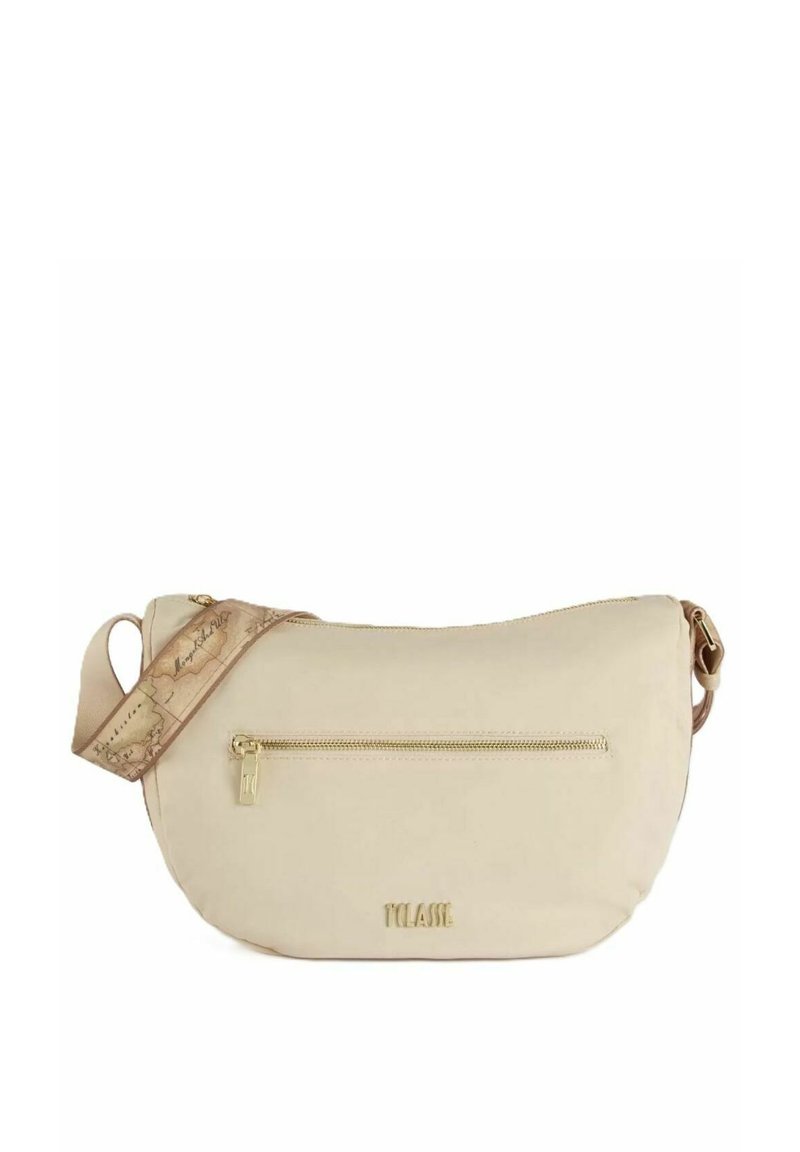 Borsa a tracolla beige con una texture liscia, una zip dorata e una tracolla con un design a mappa. Logo sobrio impresso sul davanti.