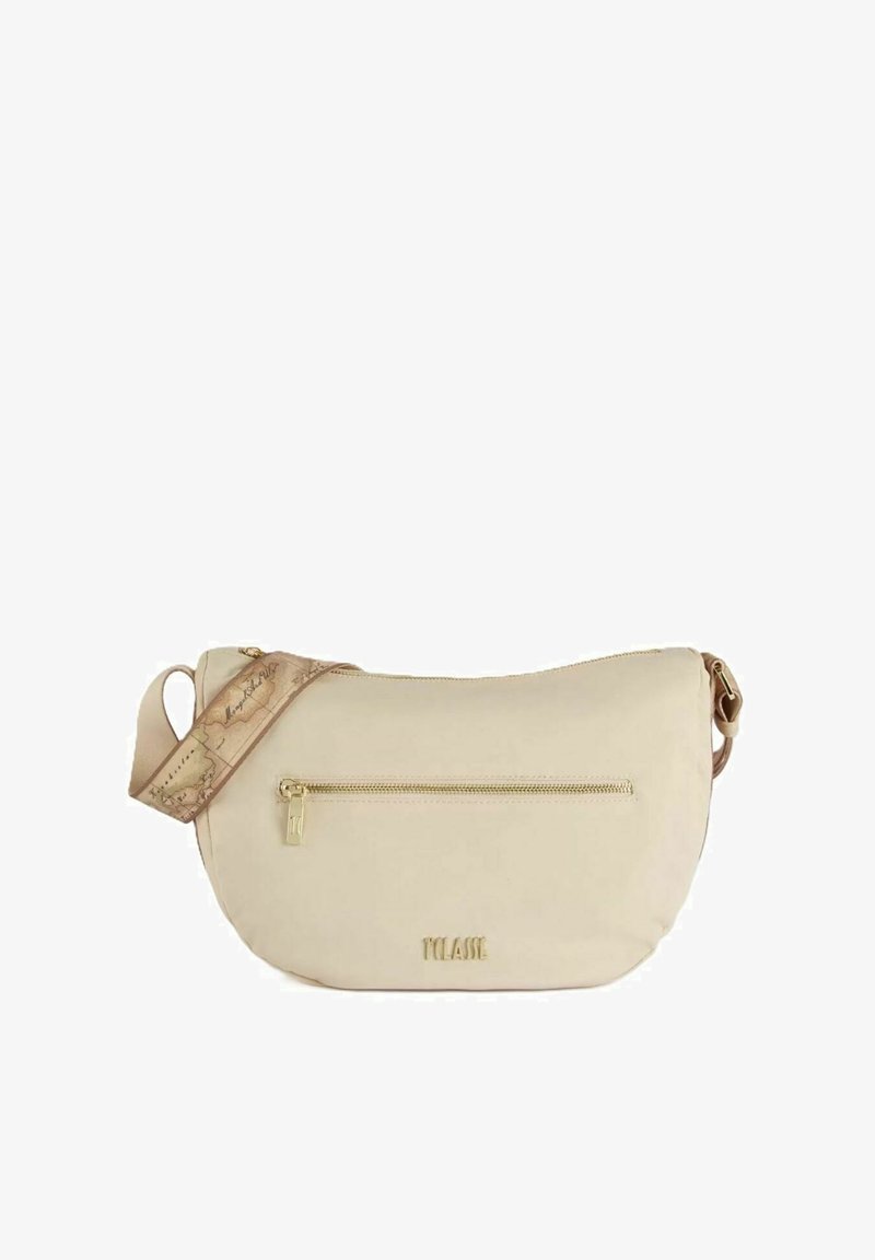 Borsa a tracolla beige con una texture liscia, una zip dorata e una tracolla con un design a mappa. Logo sobrio impresso sul davanti.