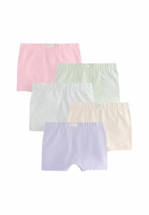 Cinco pares de bragas tipo boyshort de algodón suave. Colores: rosa claro, verde menta, gris, melocotón claro, lavanda. Cada uno cuenta con una cinturilla elástica.