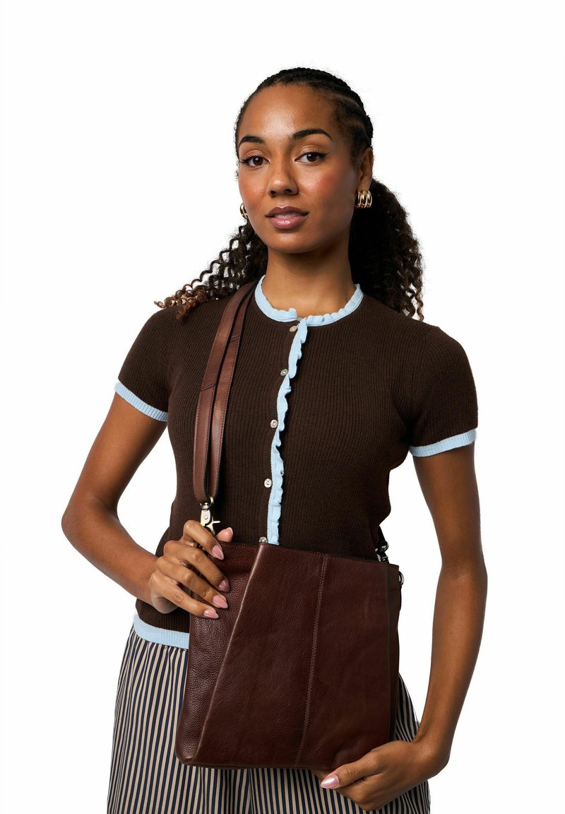 Ruskea nahkainen olkalaukku, jossa on sileä pinta, suorakaiteen muoto ja säädettävä olkahihna. Varustettu minimalistisella designilla ja hienovaraisilla ompeleiden yksityiskohdilla.