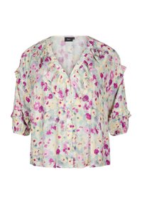Blouse florale avec décolleté en V volanté, manches courtes bouffantes, boutons sur le devant, en vert pastel avec des accents roses, violets et jaunes.