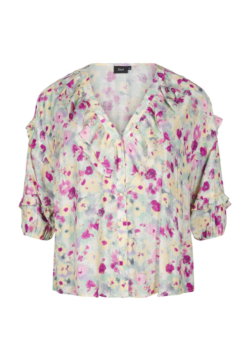 Blouse florale avec décolleté en V volanté, manches courtes bouffantes, boutons sur le devant, en vert pastel avec des accents roses, violets et jaunes.