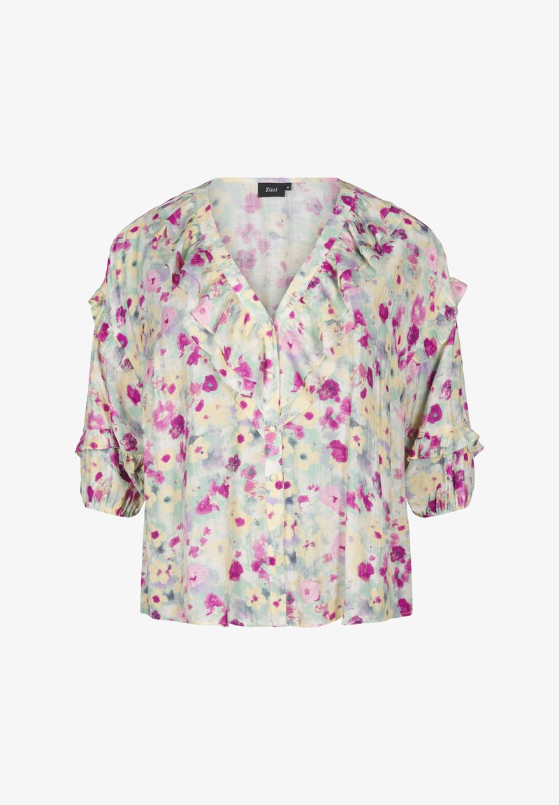Blomstret bluse med rynket V-udskæring, korte pufærmer, knapper ned langs forsiden, i pastelfarvet grøn med pink, lilla og gule accenter.