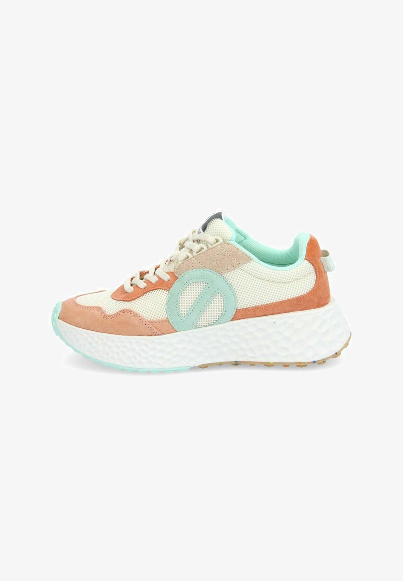 Sneakers feature a mesh upper with suede accents in orange and mint green, a thick white cushioned sole, and a circular logo detail.