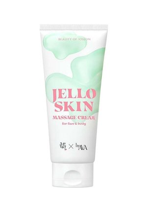 Tube de crème de massage pour la peau Jello pour le visage et le corps avec un emballage blanc et un design abstrait vert, avec un texte de marque rose et noir.