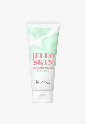 Tube di crema per massaggio della pelle Jello per viso e corpo con confezione bianca e design astratto verde, testo rosa e nero del marchio.