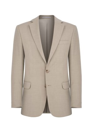 Beżowy marynarka dopasowana wykonana z teksturowanej tkaniny, z wyciętym kołnierzem, zapięciem na dwa guziki i jedną kieszenią na piersi.