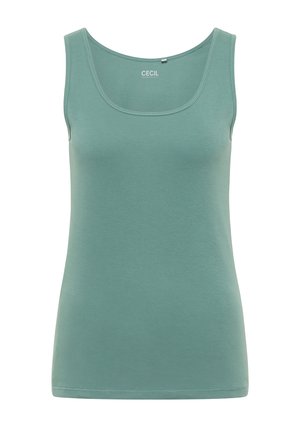 Mintgrøn tanktop lavet af blødt, strækbart stof. Har en scoop-halsudskæring og ingen synlige metaldele. Glat tekstur med rene sømme.