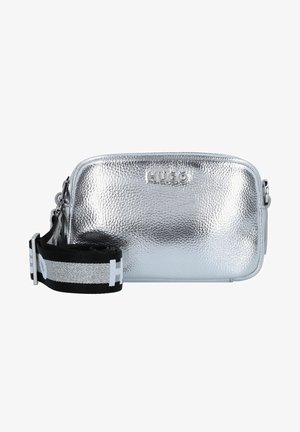 Borsa a tracolla argentata con trama, con tracolla regolabile nera e argento, logo "HUGO" in rilievo sulla parte anteriore, forma rettangolare con chiusura a cerniera.
