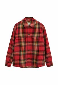 Rote karierte Hemdjacke mit einer durchgehenden Knopfleiste, zwei Brusttaschen und einem Kragen. Die Musterung enthält schwarze, grüne und gelbe Akzente.