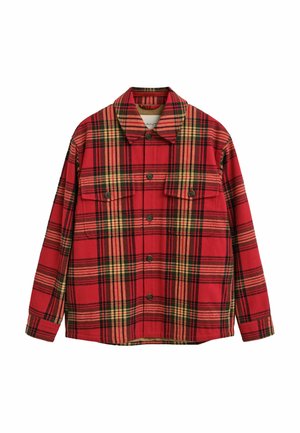 Giacca a camicia a quadri rossi con chiusura a bottoni, due tasche sul petto e colletto. Presenta accenti neri, verdi e gialli nel motivo.