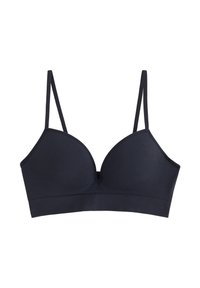Sostén negro con un acabado suave y texturizado, que presenta un escote pronunciado, tirantes ajustables y un diseño sin costuras. Sin aros.