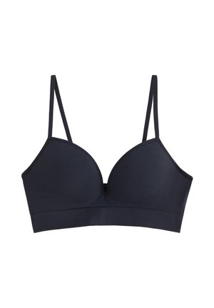 Soutien-gorge noir avec une finition lisse et texturée, doté d'un décolleté plongeant, de bretelles réglables et d'un design sans couture. Sans armature.