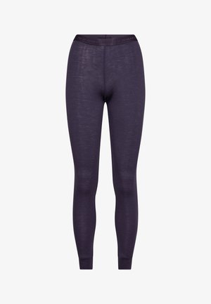 Lilla termoleggings med en glat overflade, elastisk talje og tætsiddende design. Har tætsiddende manchetter ved anklerne for varme.