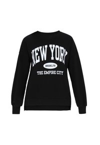 Fekete pulóver kerek nyakkivágással és hosszú ujjakkal. Elülső felirata fehér színben: "NEW YORK BROOKLYN AZ Birodalom Városa". Simaságú pamut anyag.