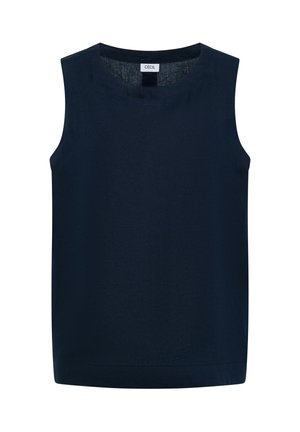 Haut sans manches bleu marine avec encolure ronde, ourlet droit et étiquette de marque "CECIL" à l'intérieur du col.