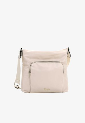 Hele roosa nailonist õlakott esikonksuga lukuga, reguleeritava rihma ja metallist logoga alumisel esiküljel.