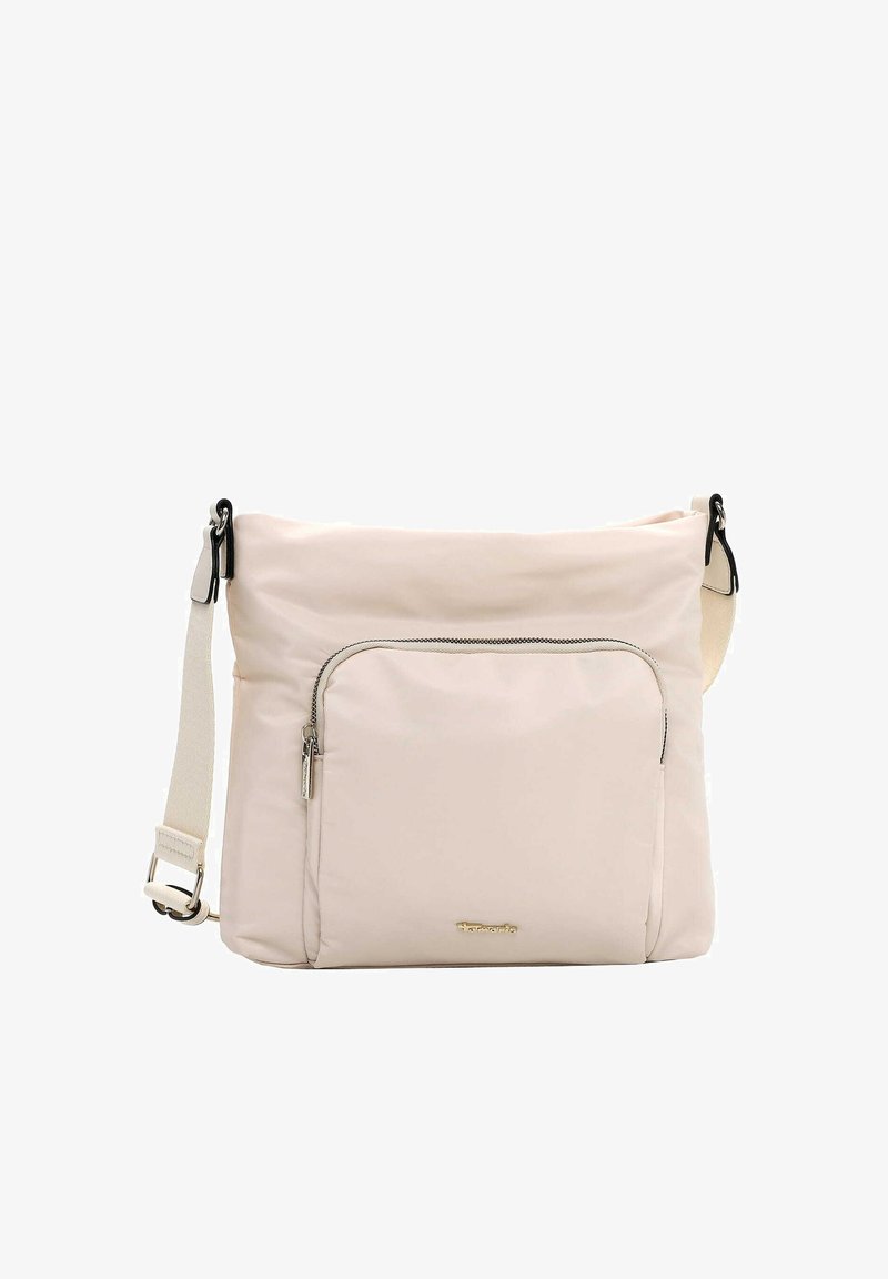 Sac à bandoulière en nylon rose clair avec une poche zippée à l'avant, une sangle ajustable et un accent logo métallique sur le bas de l'avant.