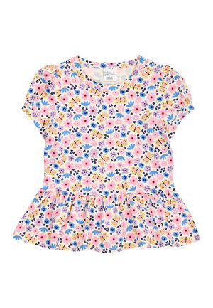 Top à manches courtes avec basque pour fille, avec des fleurs roses, bleues, violettes et des papillons jaunes sur fond blanc.