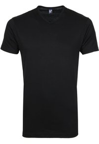 Zwarte V-hals T-shirt van zachte katoen, met korte mouwen en een reguliere pasvorm. Geen zichtbare patronen of accenten.