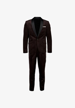 Schwarzer Samt-Herrentuxedo mit Satin-Revers, einziger Knopfverschluss, Klappentaschen und weißem Einstecktuch.