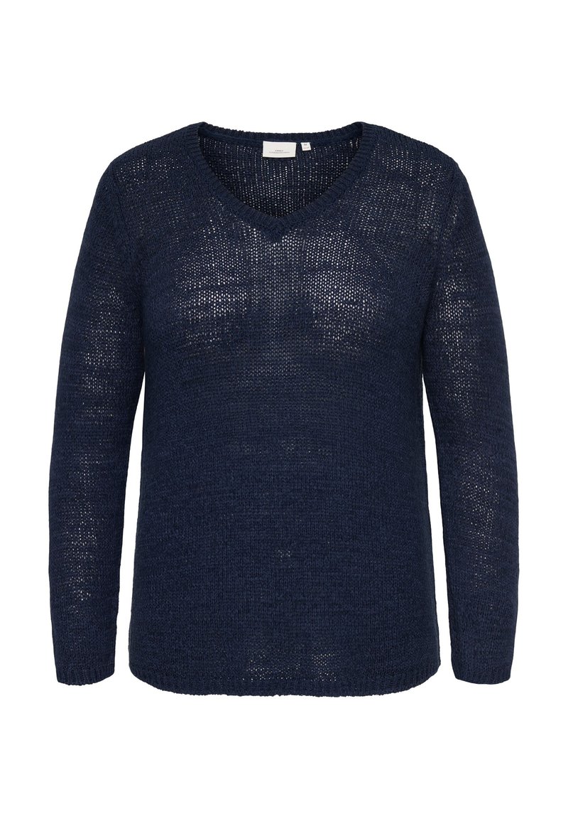 Μπλε ναυτικό πλεκτό πουλόβερ με V-λαιμόκοψη, μακριά μανίκια και ελαφρώς διαφανή υφή, απεικονισμένο σε λευκό φόντο.