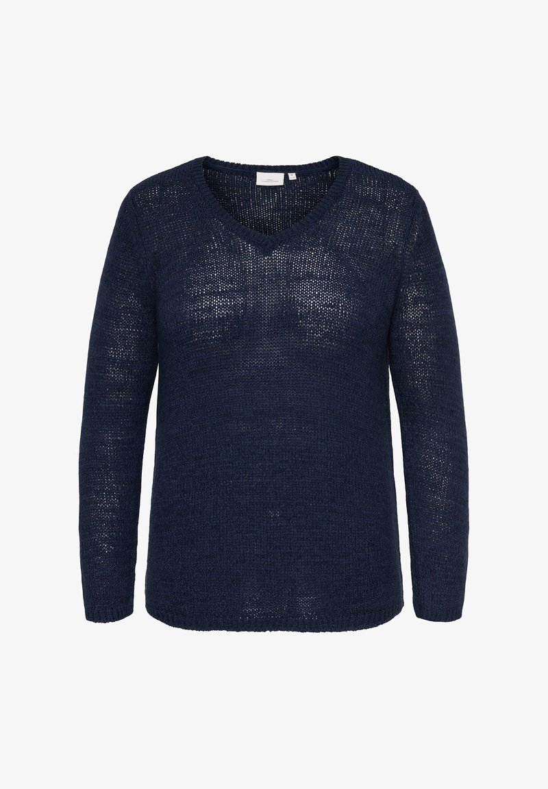 Μπλε ναυτικό πλεκτό πουλόβερ με V-λαιμόκοψη, μακριά μανίκια και ελαφρώς διαφανή υφή, απεικονισμένο σε λευκό φόντο.