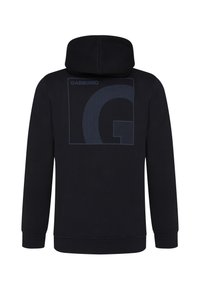 Černá mikina s kapucí, na které se nachází velké modré obdélníkové logo s stylizovaným písmenem "G" a názvem značky "GABBIANO" v bílé.