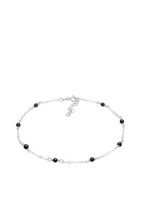 Silver chain necklace featuring small black faceted beads, alternating with links. Adjustable clasp for length variation.