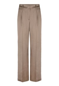 Beige wijde broek met een gladde textuur, met een platte voorkant, twee plooien en zijzakken. Ontworpen van lichtgewicht stof.