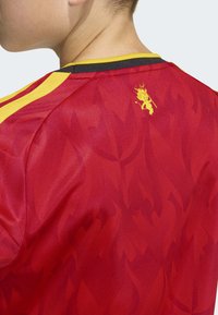 Röd sporttröja med ett mönster av flammor, gula ränder på axlarna och en liten gul emblem med en figur på ryggen.