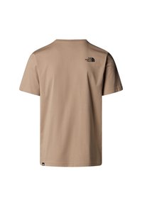 Beige bomulds t-shirt med rund halsudskæring, korte ærmer og et lille sort logo på den øvre ryg. Glat tekstur, enkelt design.