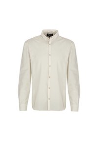 Camicia button-up beige chiaro con colletto standard, maniche lunghe e orlo dritto. Realizzata in tessuto morbido con una sottile texture e dettagli cuciti.