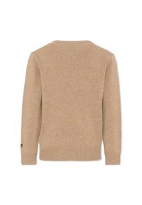 Maglione beige lavorato a maglia con scollo rotondo, maniche lunghe e polsini e orlo a coste. Dettaglio del logo nero sulla manica sinistra. Texture liscia.