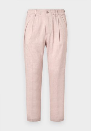 Light pink linen trousers with a relaxed fit, featuring front pleats, a button closure, and a smooth, textured surface.