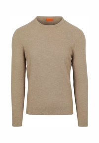 Beige gestrickter Pullover mit rundem Halsausschnitt, langen Ärmeln und gerippten Bündchen und Saum. Strukturierter Stoff mit einem dezenten Muster. Orange Etikett.