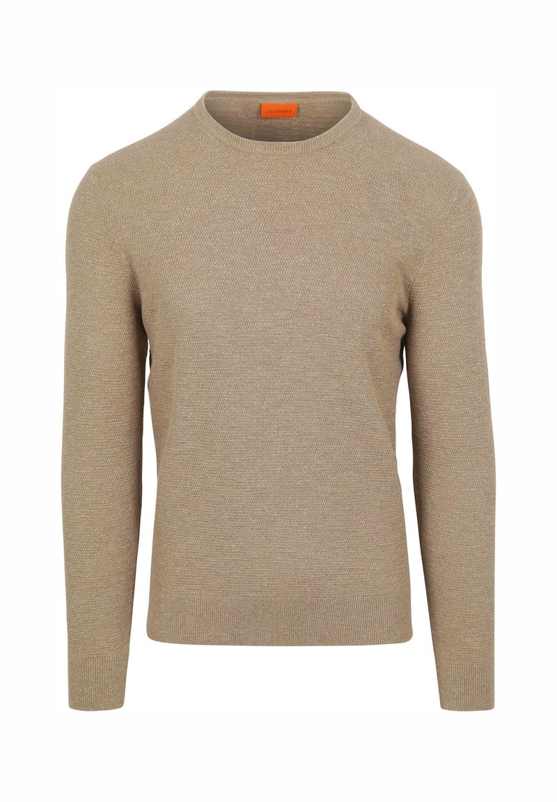 Beige gestrickter Pullover mit rundem Halsausschnitt, langen Ärmeln und gerippten Bündchen und Saum. Strukturierter Stoff mit einem dezenten Muster. Orange Etikett.