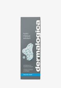 Dermalogica Hydro Masque Exfoliant, graue Verpackung mit fettem weißen Text; zeigt ein hellblaues texturiertes Produktmuster auf der Vorderseite.