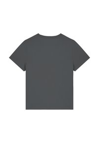 Donkergrijze t-shirt met korte mouwen en een ronde hals. Gladde textuur, eenvoudige ontwerp en geen zichtbare logo's of patronen op de achterkant.
