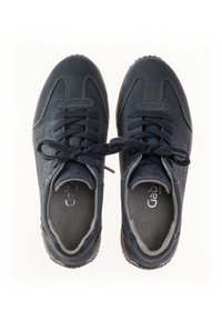 Navy blue sneakers made of suede, featuring a lace-up design, padded tongue, and perforated accents on the sides for breathability.
