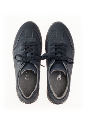Navy blue sneakers made of suede, featuring a lace-up design, padded tongue, and perforated accents on the sides for breathability.