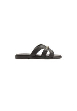 Black leather slide sandal featuring three straps and a gold-tone accent buckle, with a flat sole and smooth texture.