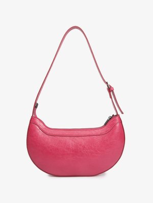 Pink leather handbag with a curved shape, a single adjustable shoulder strap, and a top zip closure. Textured finish with visible creases.