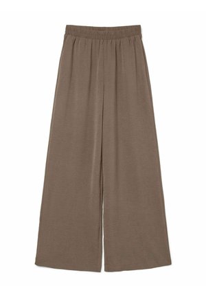 Pantalon ample couleur marron clair en tissu doux, avec une taille élastique et une coupe fluide, au design simple et sans ornements.