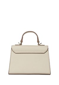 Cremfarbene Lederhandtasche mit strukturierter Form, Obergriff und kontrastierenden braunen Akzenten. Verfügt über einen Klappenverschluss und eine strukturierte Oberfläche.