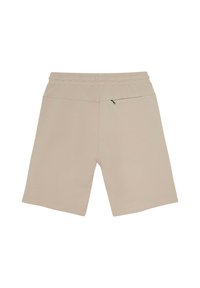 Beige Shorts mit einem elastischen Bund, ausgestattet mit einer Gesäßtasche mit Reißverschluss. Hergestellt aus einem weichen, leichten Stoff.