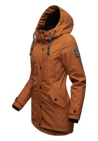 Waterproof orange jacket with a high collar and detachable hood. Features front pockets, black accents, and textured lining inside.