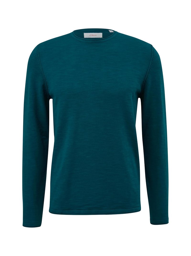 Maglietta a maniche lunghe con colletto rotondo in teal, realizzata in tessuto morbido con una texture liscia. Presenta un colletto e dei polsini a coste, con un design semplice.