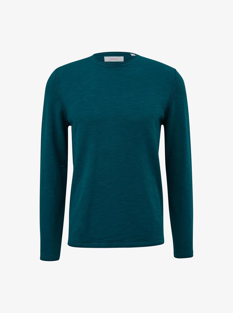 Maglietta a maniche lunghe con colletto rotondo in teal, realizzata in tessuto morbido con una texture liscia. Presenta un colletto e dei polsini a coste, con un design semplice.