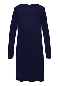 Abito navy a maniche lunghe realizzato in tessuto morbido, con scollo rotondo, vestibilità rilassata e orlo dritto con leggeri spacchi laterali.